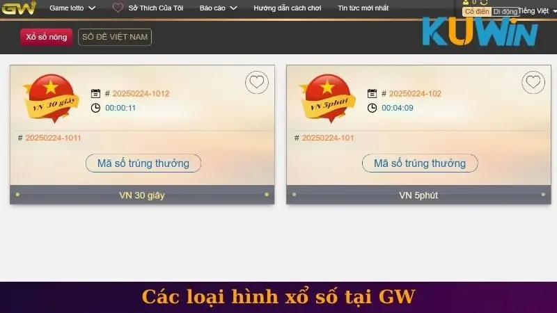 Các loại hình xổ số tại GW